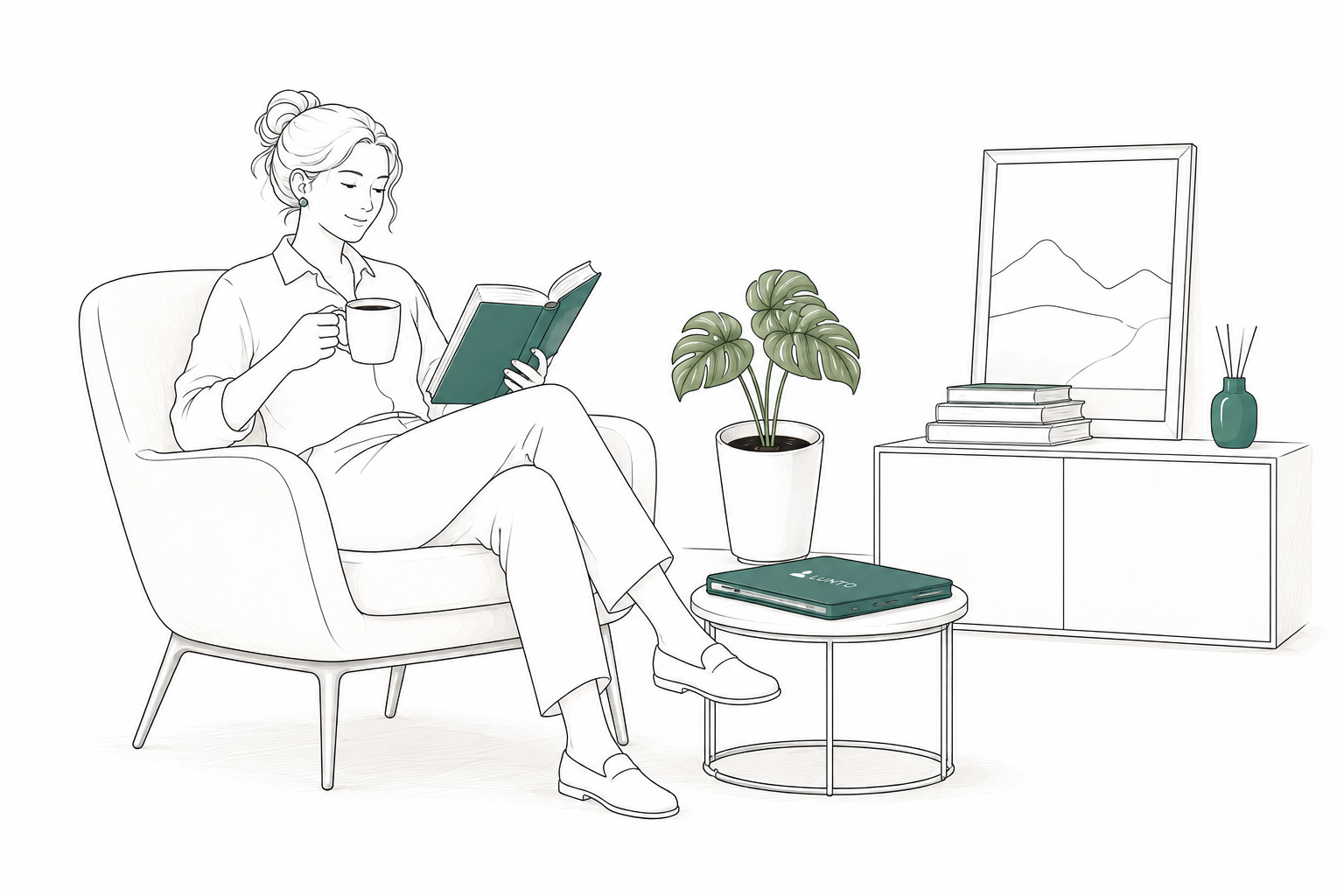 Ilustración de una persona leyendo tranquila con un café en el sofá